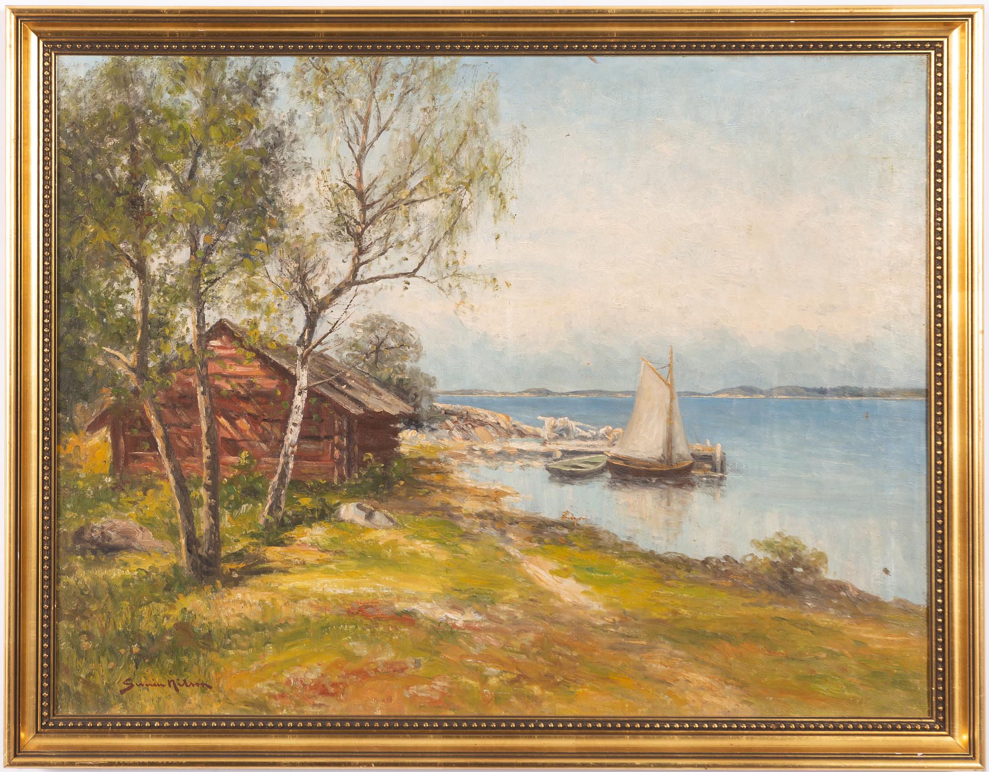 Severin Nilson, Lake Landscape with Sailing Boat by the Dock.