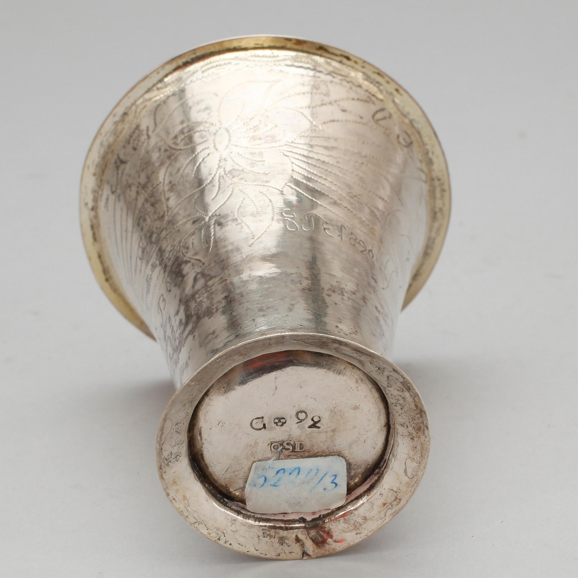 BÄGARE, silver, Olof Sedin, verksam i Gävle 1792-1821. Vikt ca 43 gram.