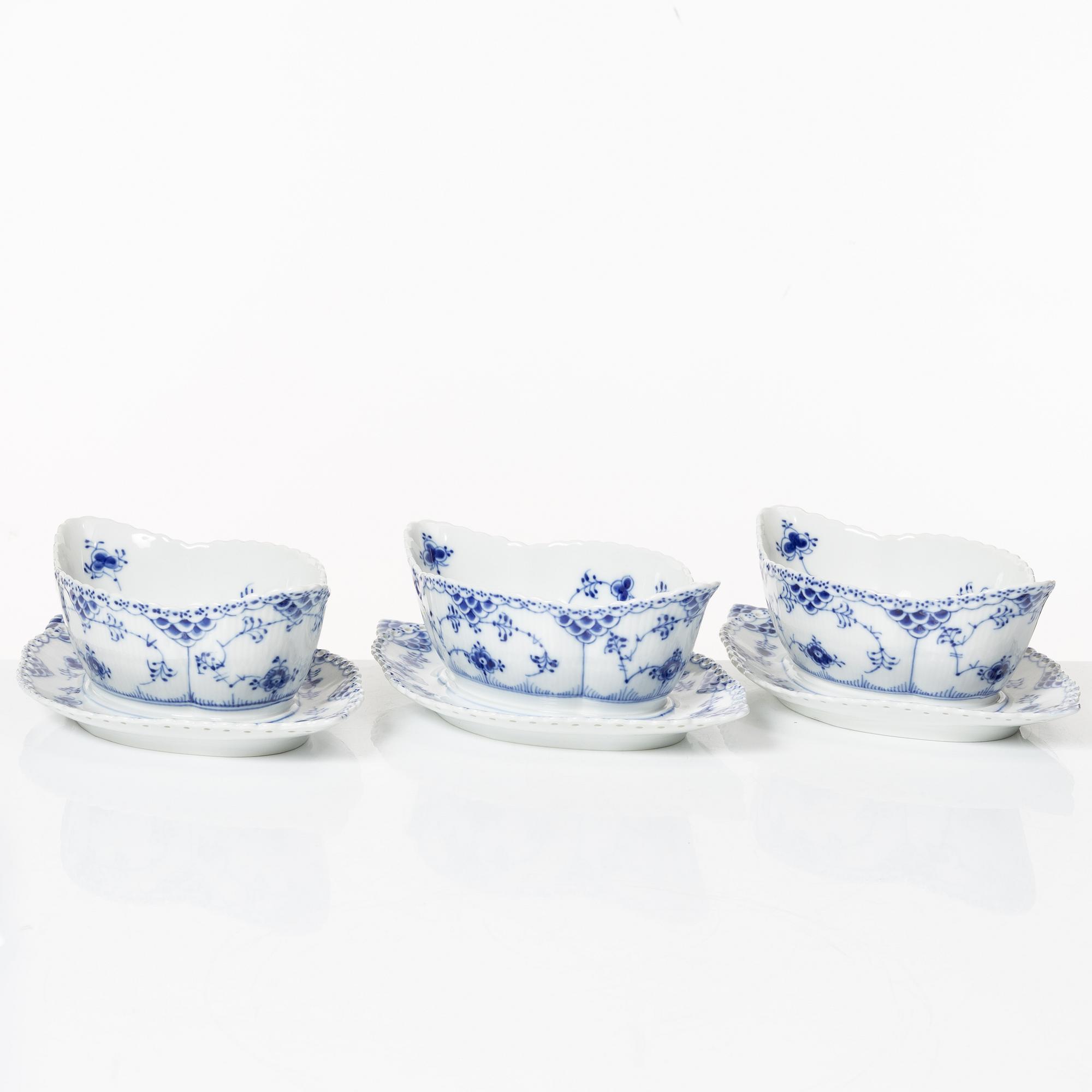 Royal Copenhagen, three sauceboats, 'Blue Fluted Full Lace', Denmark, 1979-83.