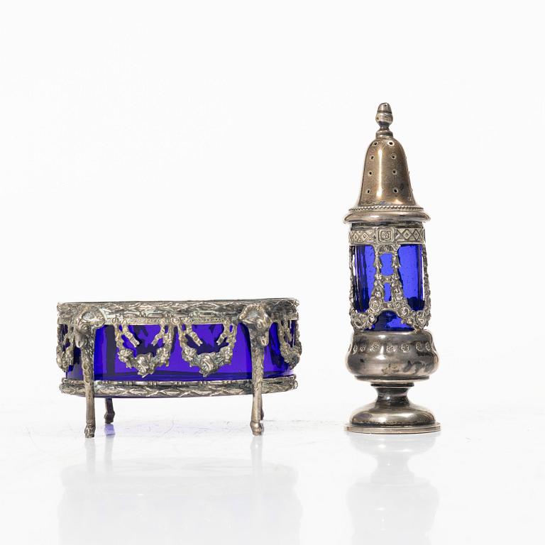 A silver salt cellar and a pepper shaker, Louis XVI style, Swedish import marks.