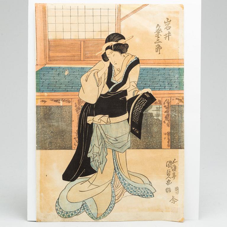 Five Japanese colored woodblock prints, including KUNIYOSHI, SHIGEHARU, KUNISADA, 19th century.