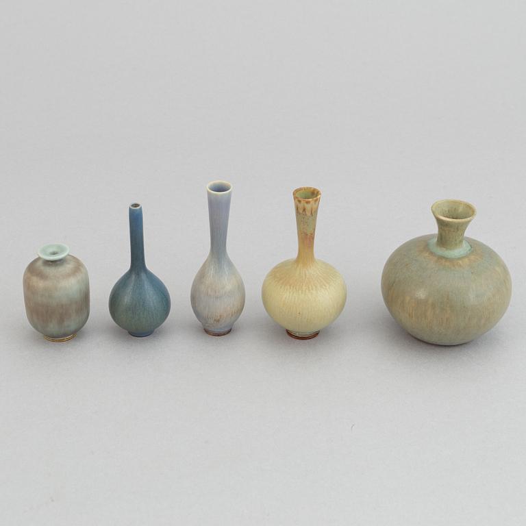 Berndt Friberg, a set of five stoneware miniature vases, Gustavsbergs studio, 1950's.