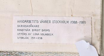 Birgit Broms, TAPESTRY. "Skridskoåkare". Tapestry variant with applications. 134 x 250,5 cm. Signed HAV LH B Broms.