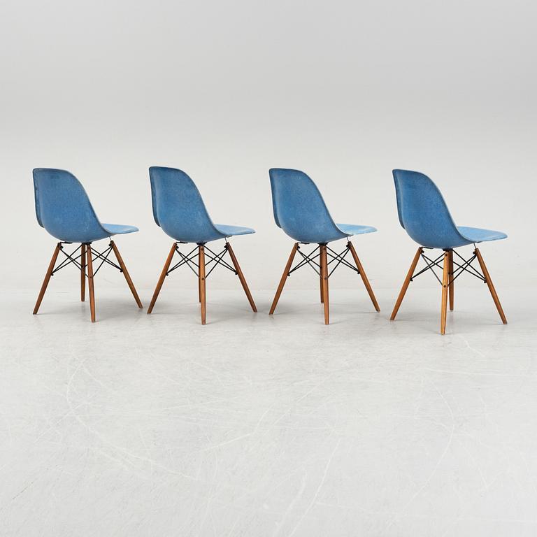 A set of four Charles and Ray Eames 'Plastic Chair DSW' with later stands, designed 1950.