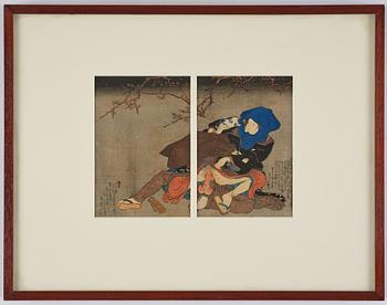 Oidentifierade konstnärer, färgträsnitt, shunga, albumblad, tre diptyker, Japan, 1800-tal.