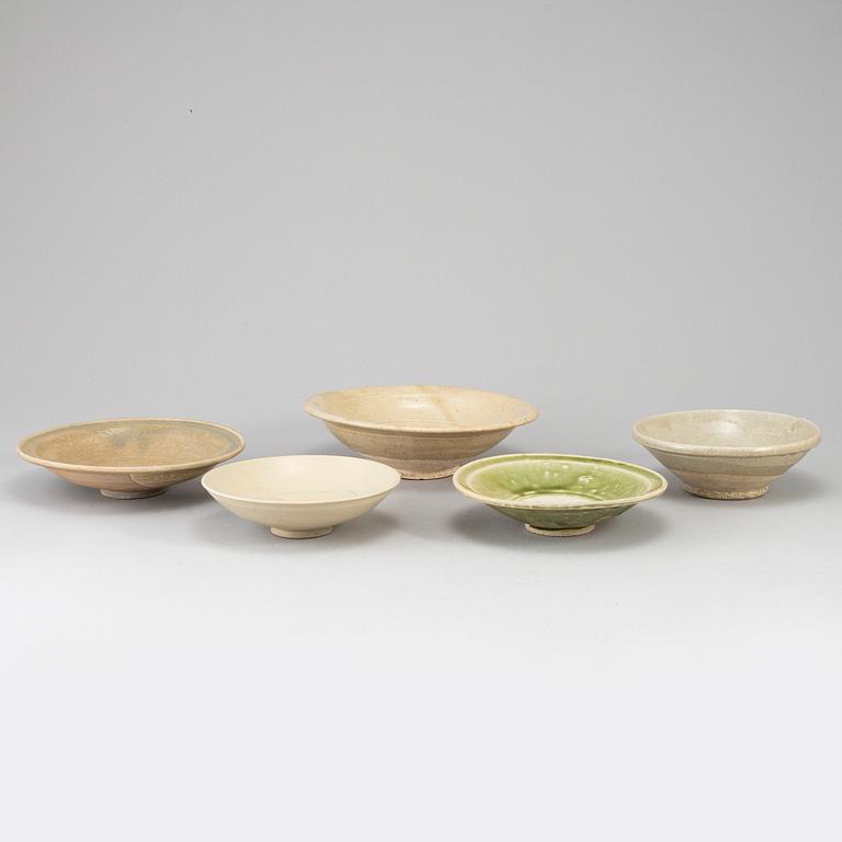 A group of five ceramic dishes, Southeast asia, mostly 19th century.