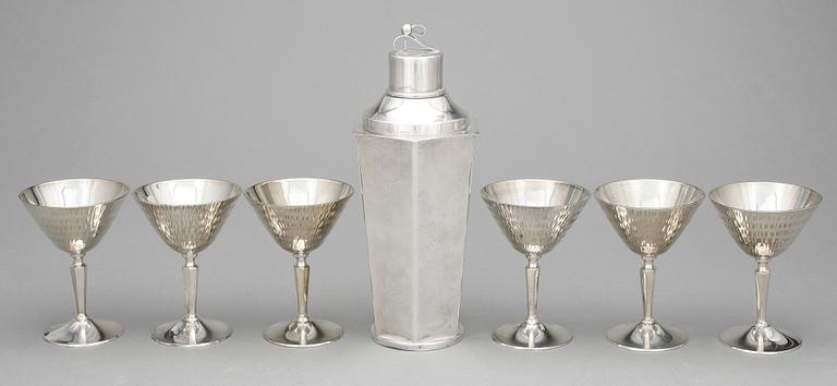 SHAKER och GLAS, 7 delar, nysilver, art deco, 1930-tal.