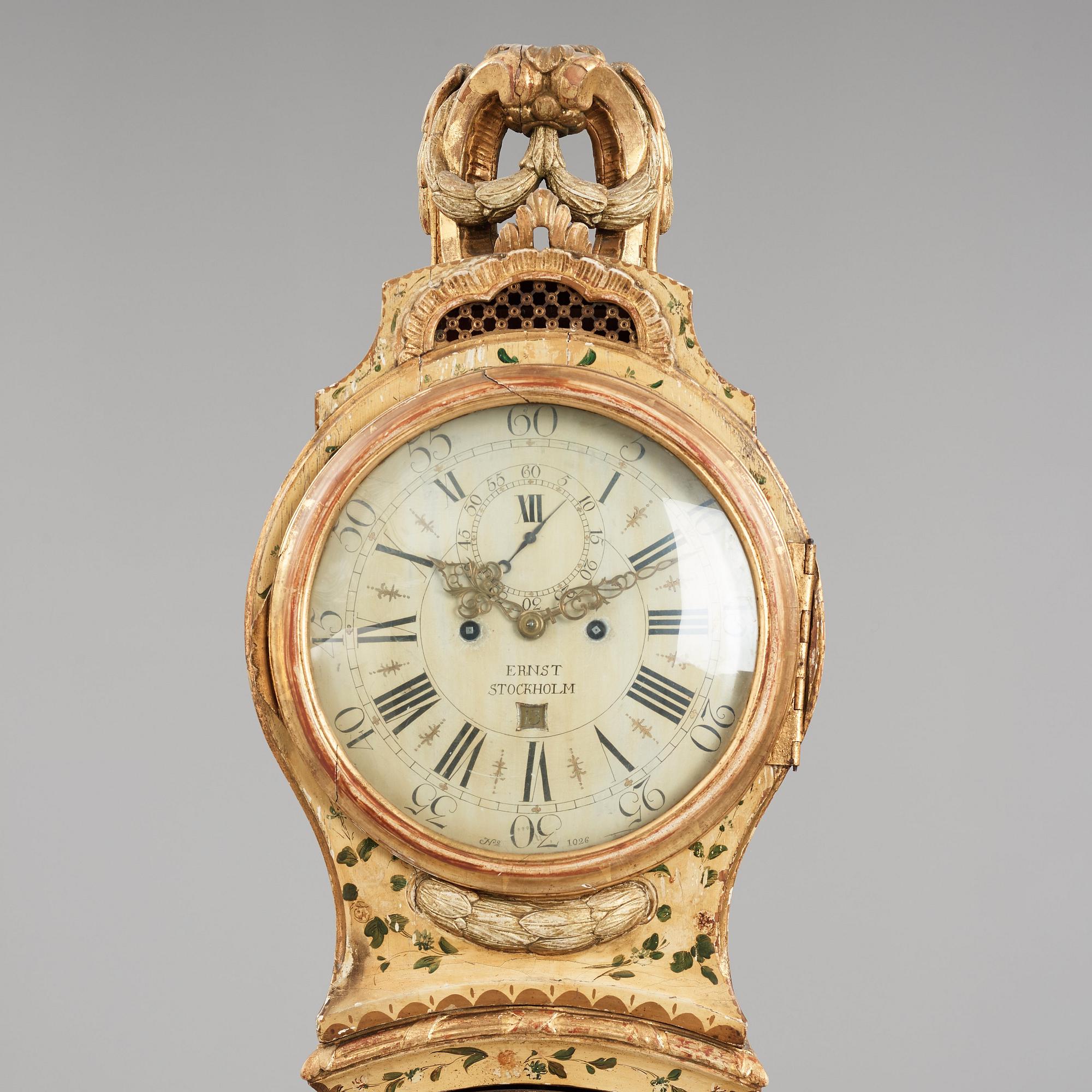 A Gustavian longcase clock by Petter Ernst (active in Stockholm 1753-1784), before 1776.