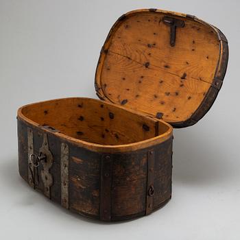 An wrought iron mounted pine box. Circa 1800.