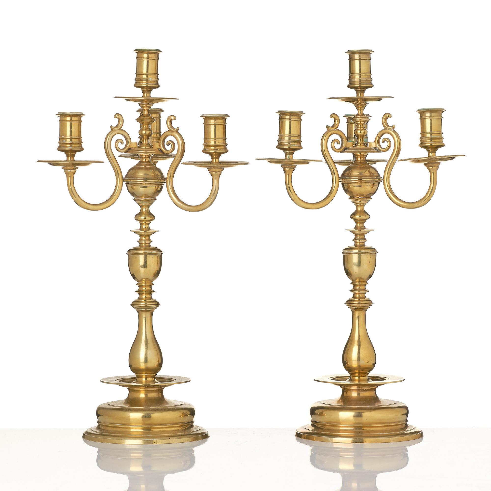 Candelabra, a pair of brass, Baroque style Gusums Bruk No 3, 20th century.
