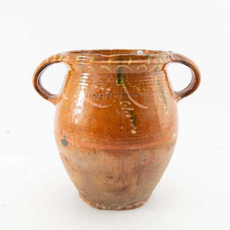 Jug, spill bowl and bowls 11 dl Skåne 20th century glazed earthenware.