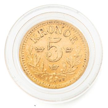 Guldmynt, Sverige, Oskar II, 5 kronor, 1881.