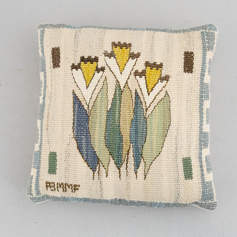 Märta Måås-Fjetterström, a tapestry weave textile/cushion, 'Blomlapp' ('Pingstlilja'), signed AB MMF, Sweden.