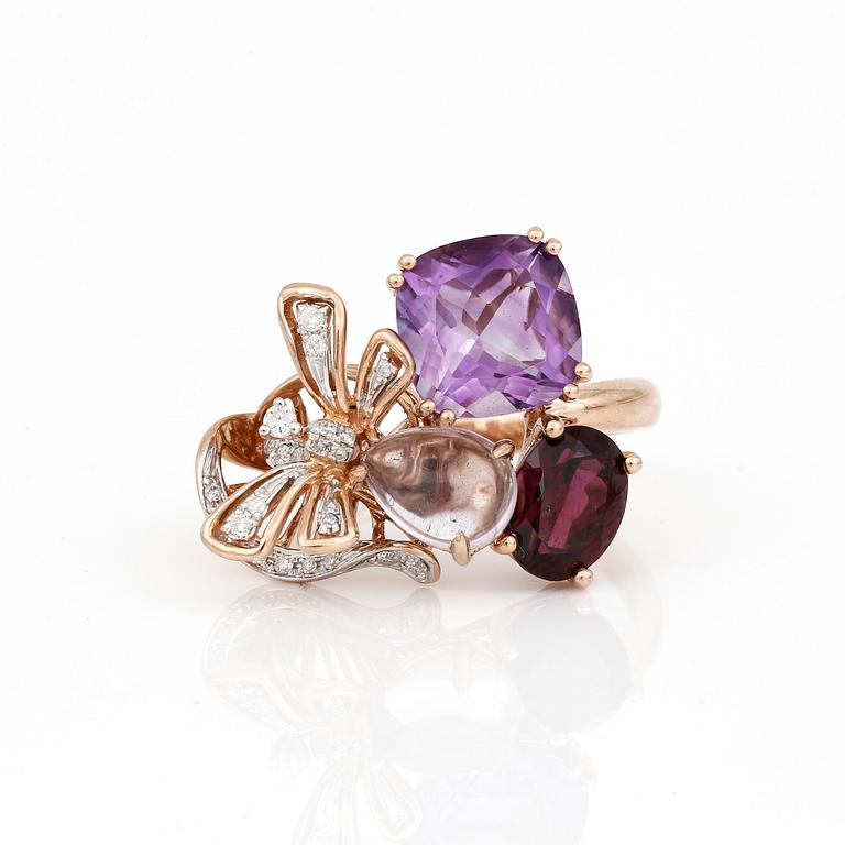 RING, 14K rosa guld med ametist, kvarts, granat och små diamanter. Totalvikt ca 5,96 g.