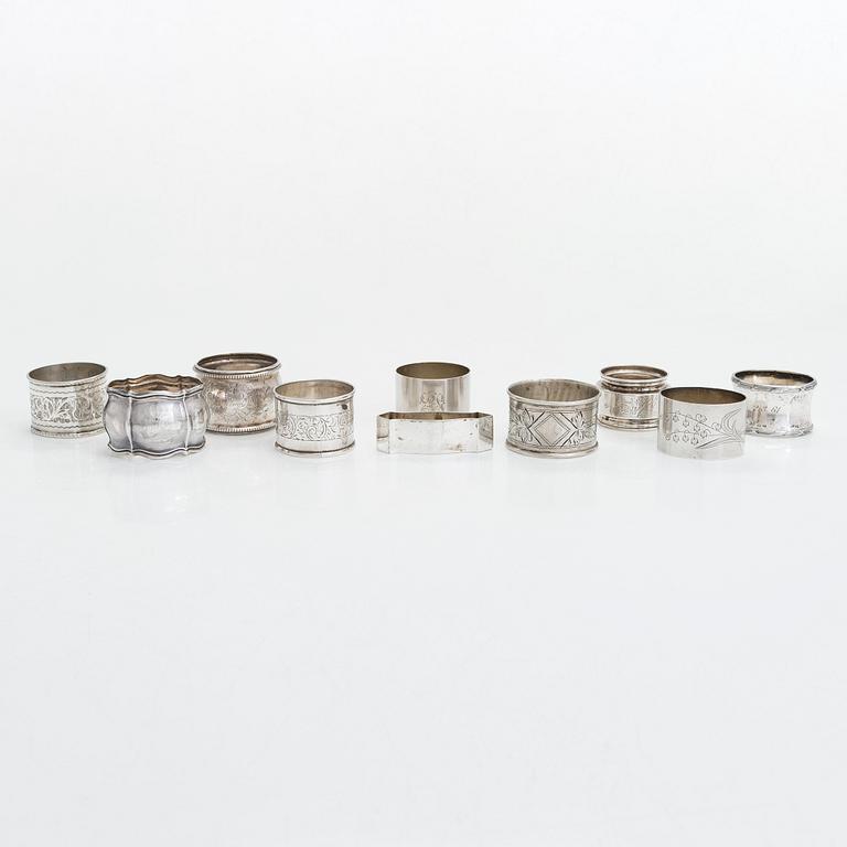 Ten silver napkin rings, manufactured from 1894-1941.