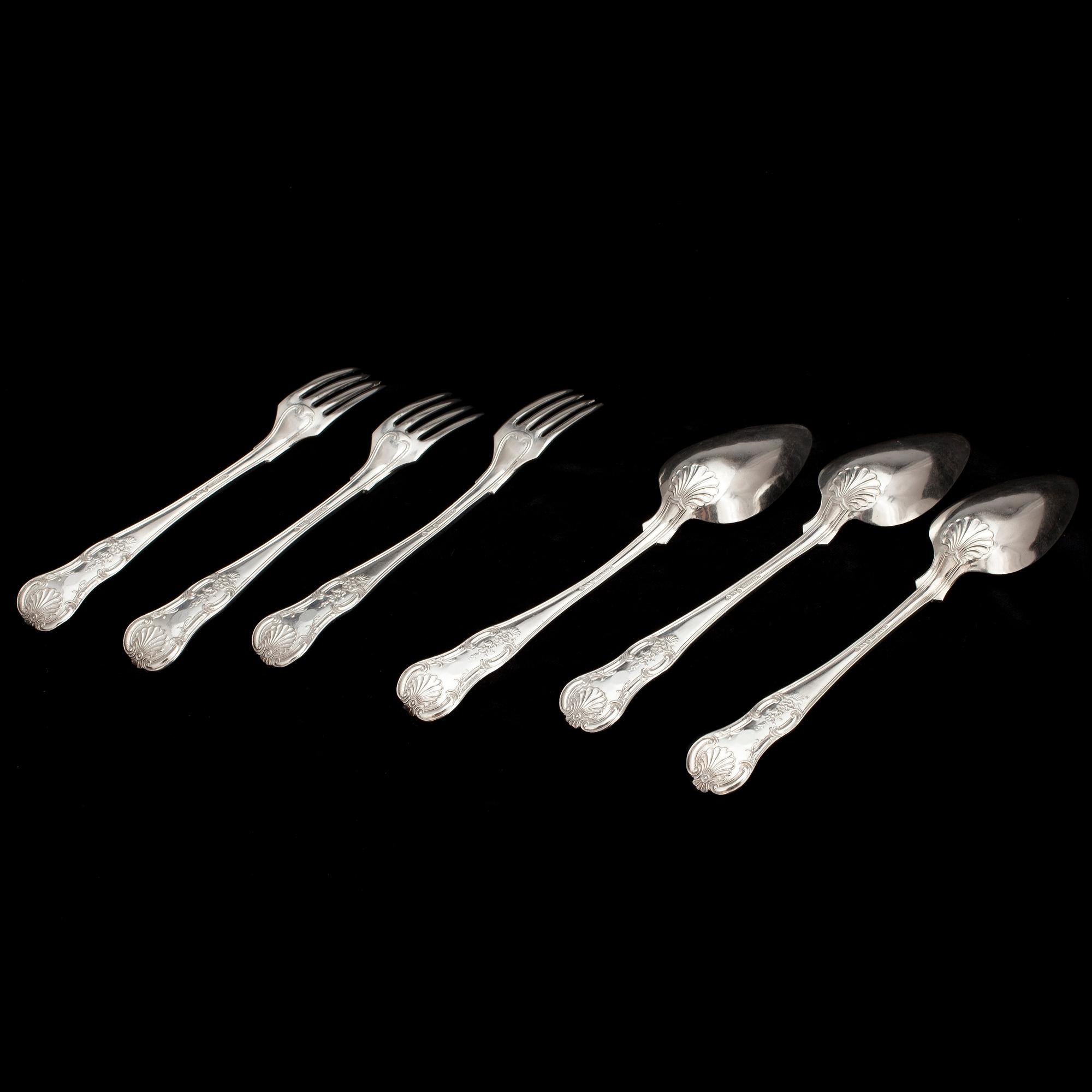 BESTICKDELAR 6 st, silver Johan Fredrik Carlsson Norrköping 1851 modell Engelsk snäck. Totalvikt ca 429 gr.