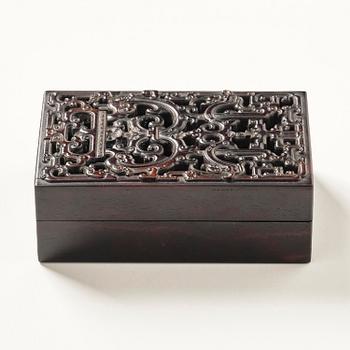 A well carved box with cover and brush pot, China, presumably Republic.