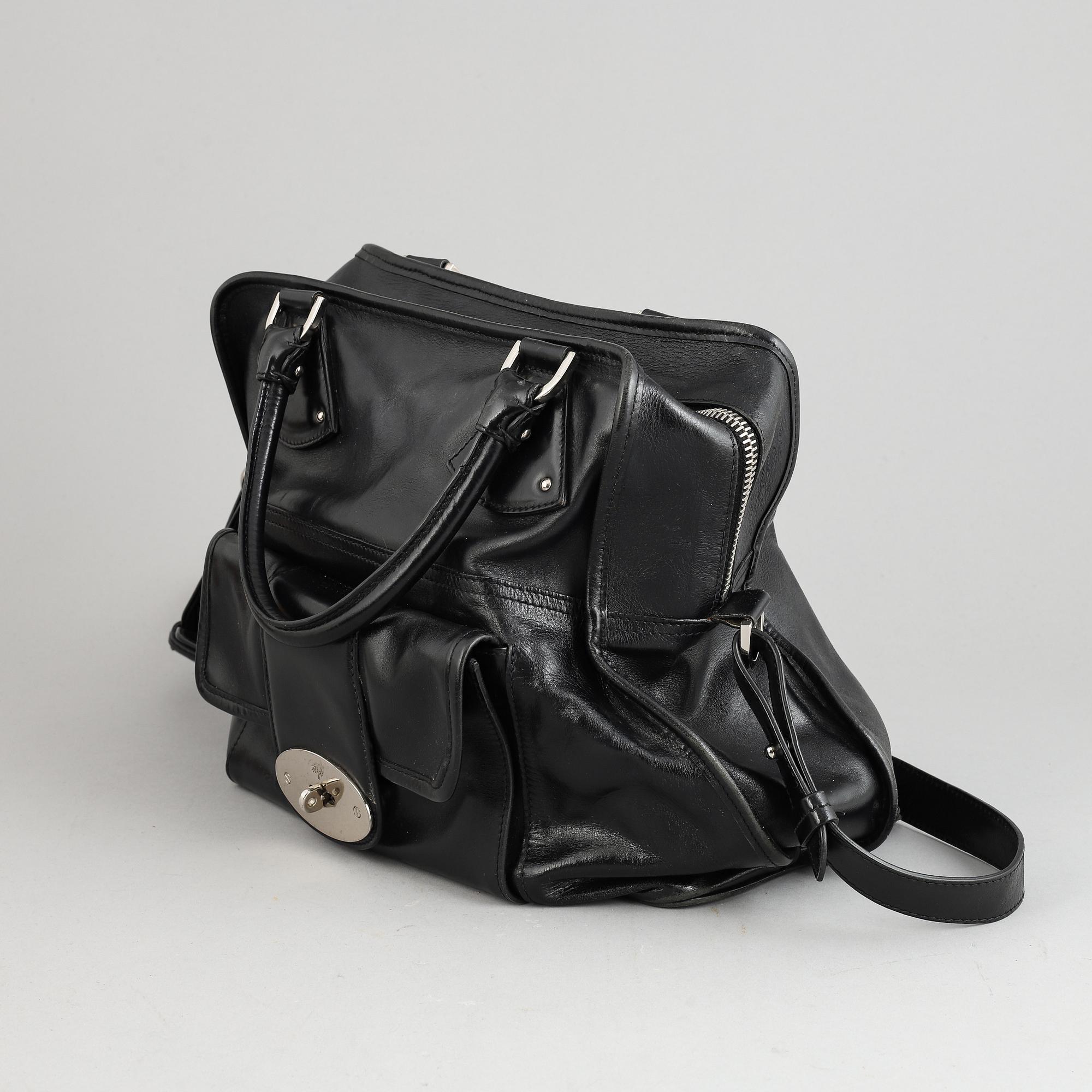 Mulberry, a black leather handbag.