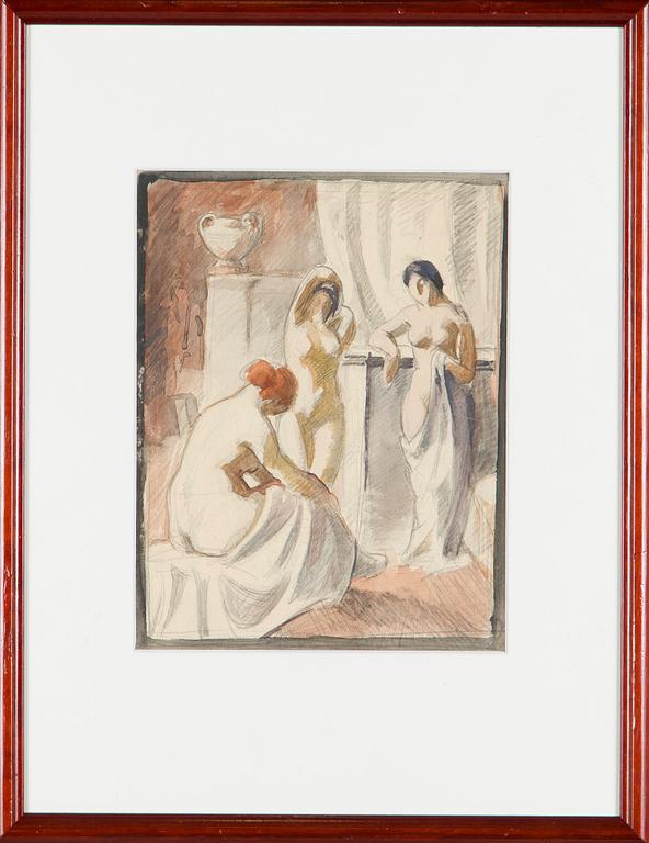 Santeri Salokivi, En grupp nakenmodeller med Urna, 2 st, samt urna från Konstnärens hem.