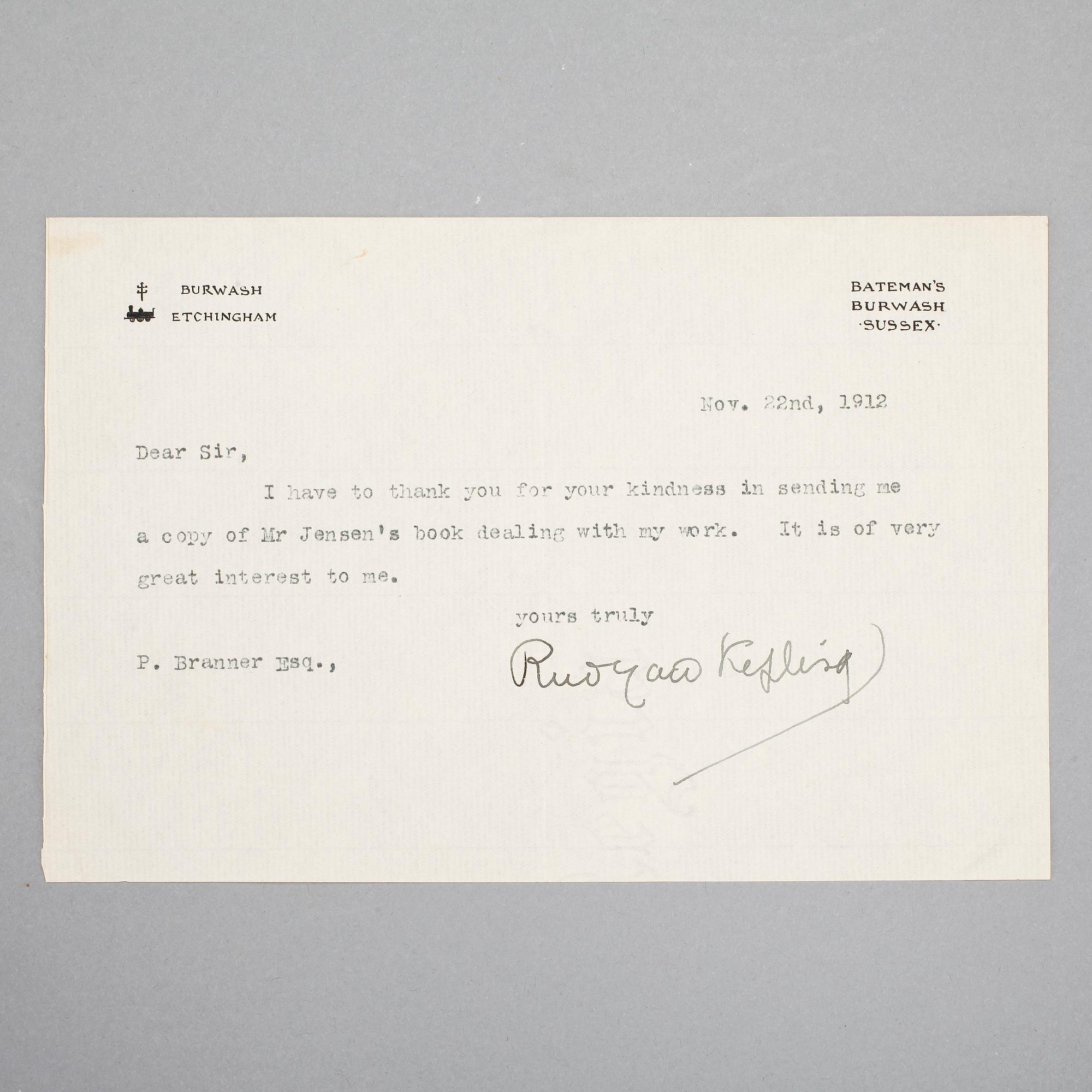 RUDYARD KIPLING (1865-1936), brev med egenhändig namnteckning, dat Burwash Etchingham nov 22 1912.