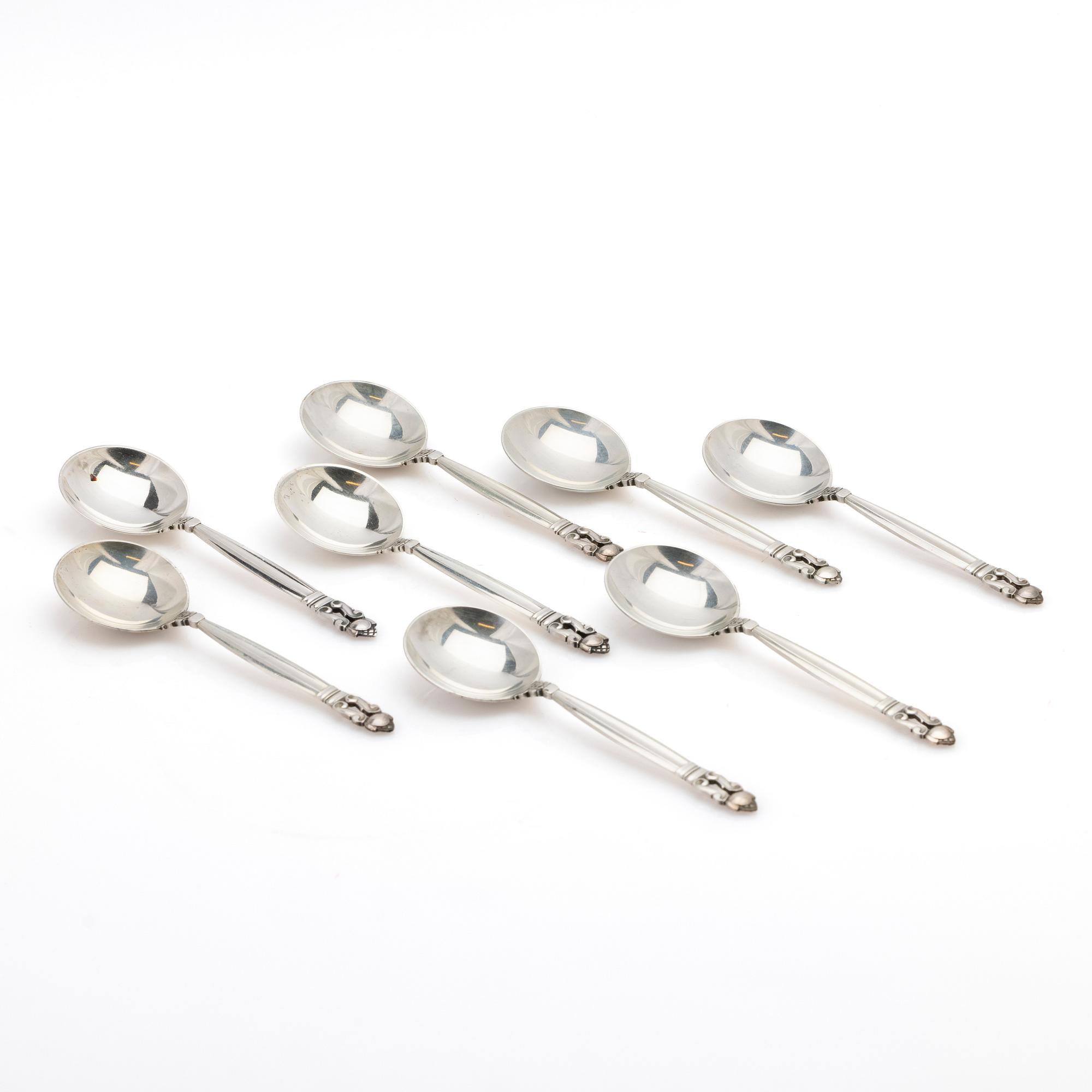 Johan Rohde, Soup spoons, 8 pcs, sterling silver, “Konge” / “Acorn”, Georg Jensen, Denmark, post-1945.