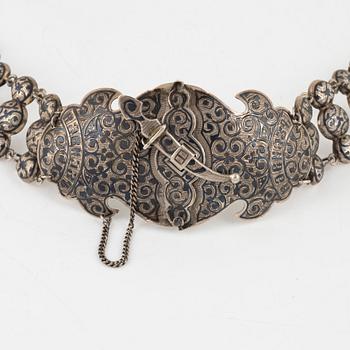 A silver and niello belt, unidentified Russian maker's mark, circa 1900.