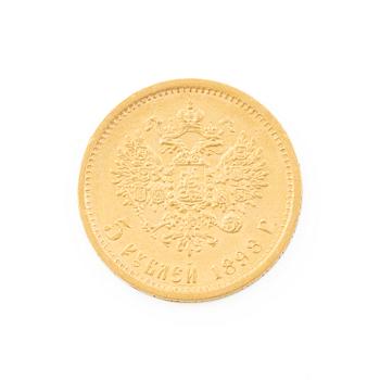 Gold coin, Nicholas II, Russia, 5 Rubles, 1898.