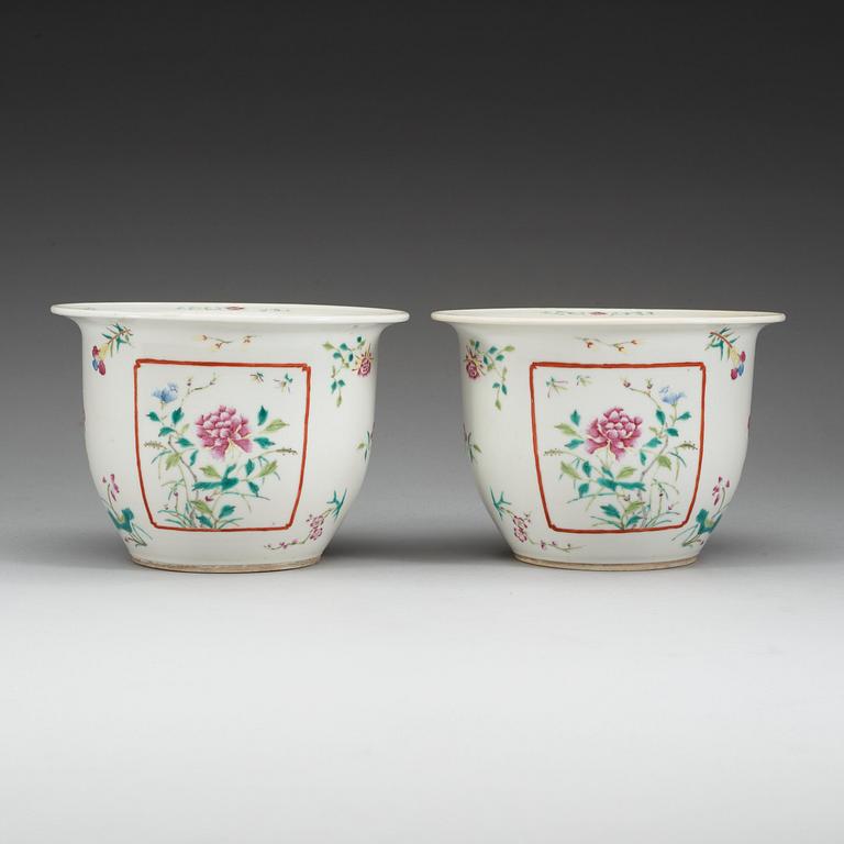 A pair of famille rose flower pots, Republic, first half of 20th Century, with Qianlong four character mark.