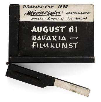 14. FILMKLAPPA, från inspelningen av filmen "Mörderspiel", Tyskland/Frankrike 1961. Regi: Helmut Ashley.