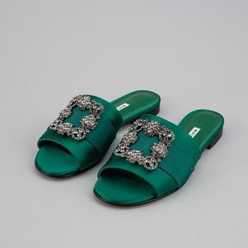 Manolo Blahnik, a pair of green satin sandals, size 38.