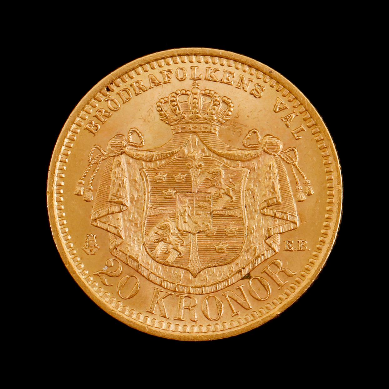 GULDMYNT, 20 kronor, Oscar II, 1902. Vikt ca 9 gram.
