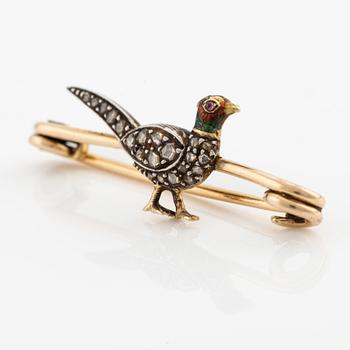 Brooch in the shape of a pheasant, gold and silver with rose-cut diamonds and enamel.