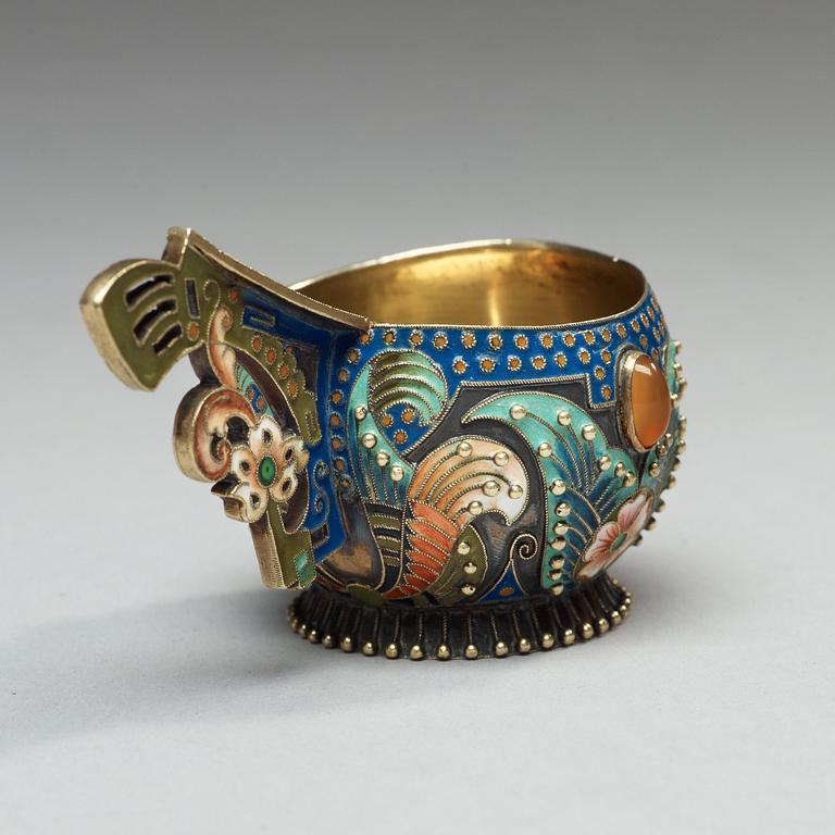 A Russian early 20th century silver-gilt and enamel kovsh, makers mark of Fedor Rückert, Moscow 1899-1908.