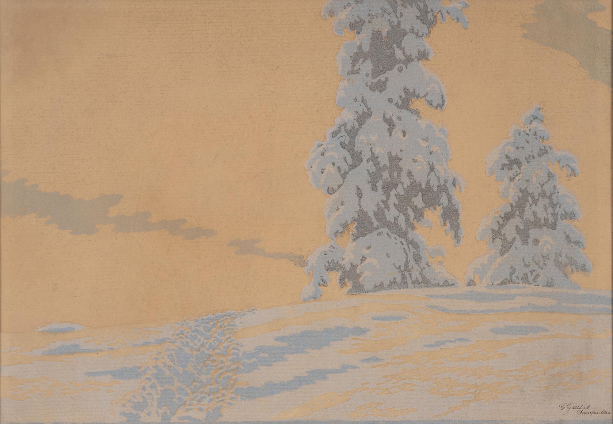 Gustaf Fjaestad, woodcut in colours, signed and dated 19?.