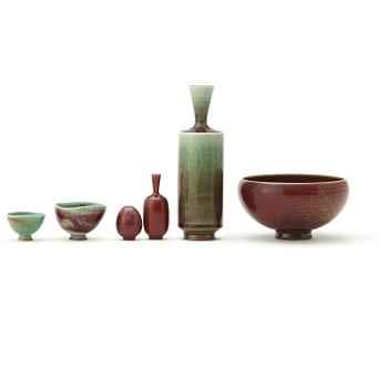 Berndt Friberg, a set of six miniature vases and bowls, Gustavsberg Studio one dated 1964.