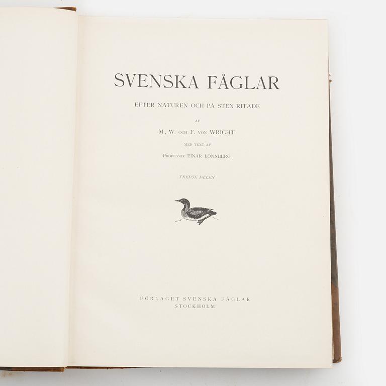 Three volumes of 'Svenska fåglar' by the von Wright brothers, printed at A.Börtsells Tryckeri AB, Stockholm, 1924-29.