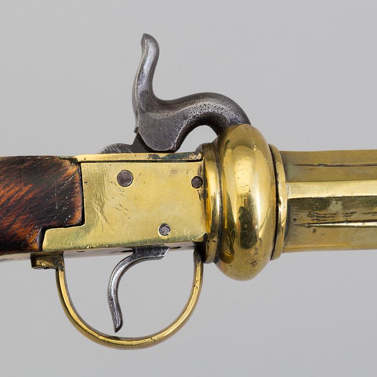 A second half of the 19th century four-barrel Swedish brass percussion revolver.