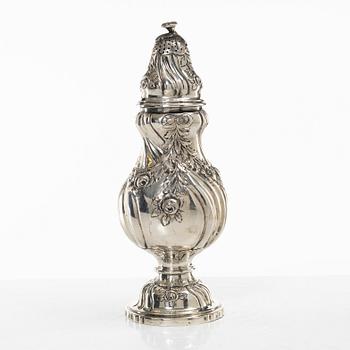 Sugar caster, silver, Rococo style, import mark CG Hallberg, Malmö 1935.