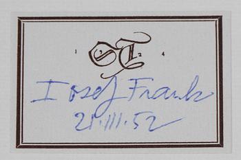 BOK, "Josef Frank, tjugo år i Svenskt Tenn", Nationalmusei utställningskatalog 188, 1952.