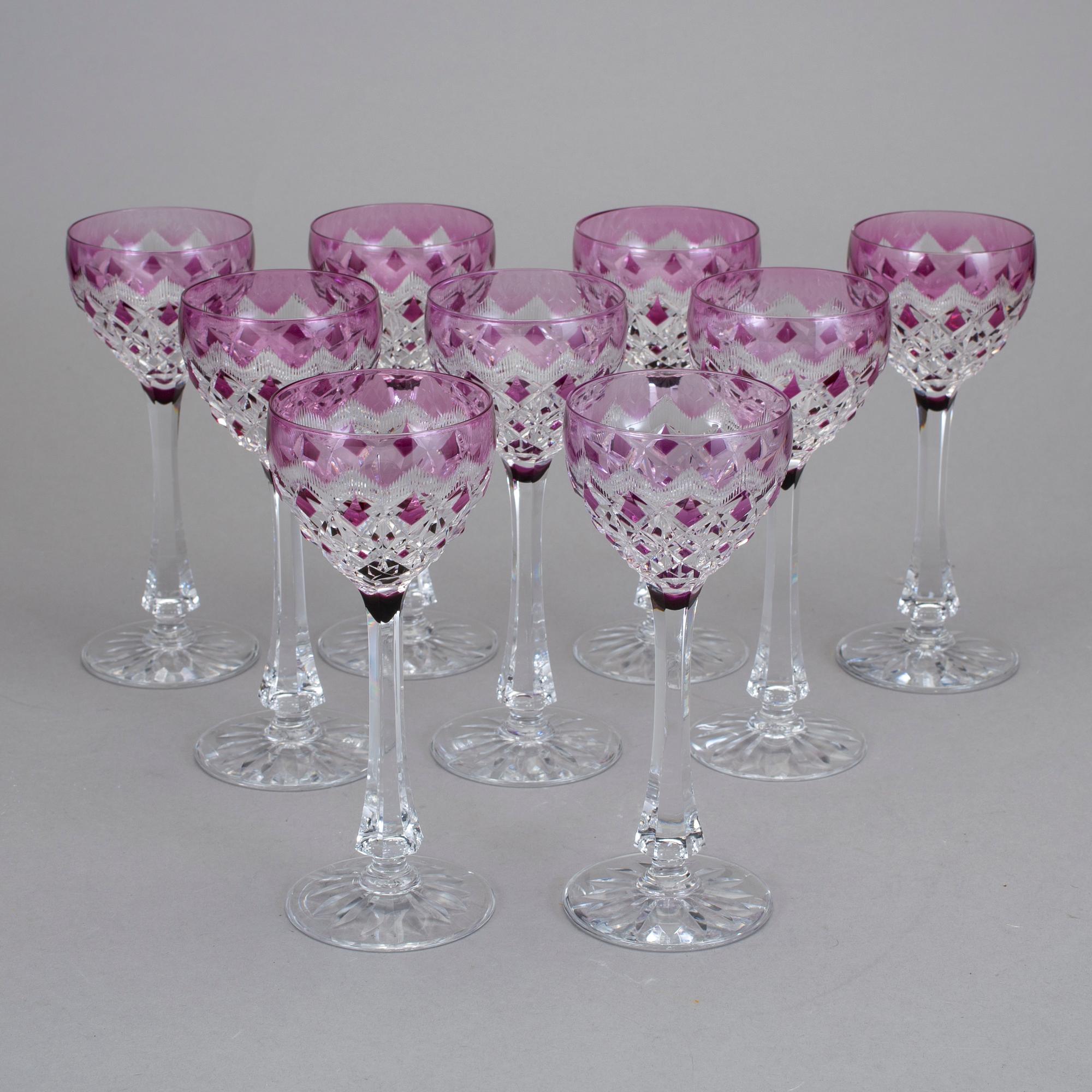 VITVINSGLAS, 9 stycken. Val Saint Lambert, Belgien, 1900-talets andra hälft.
