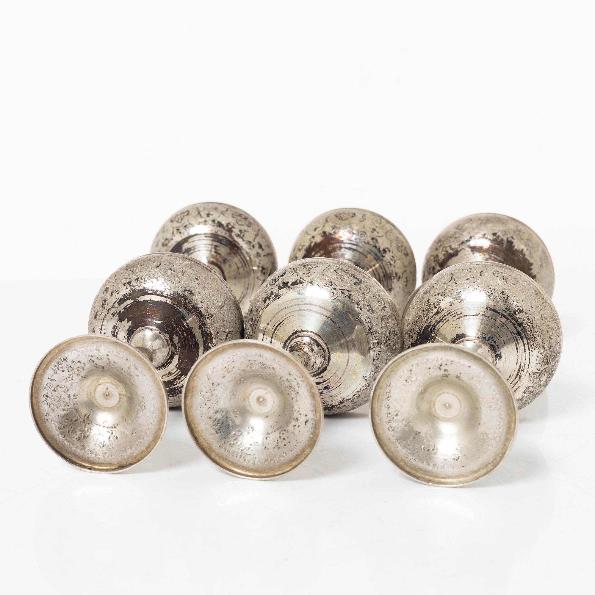 Cocktailglas, 6 st, samt bricka, silver, Iran, 1900-tal.