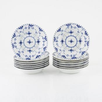 Royal Copenhagen, 14 porcelain soup plates, 'Musselmalet Full Lace', Denmark.