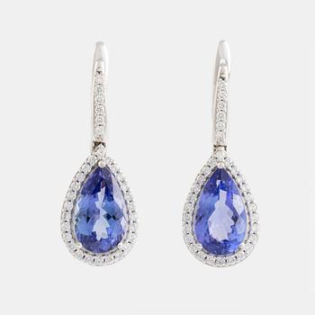 Pear shaped tanzanite and brilliant cut diamond earrings.