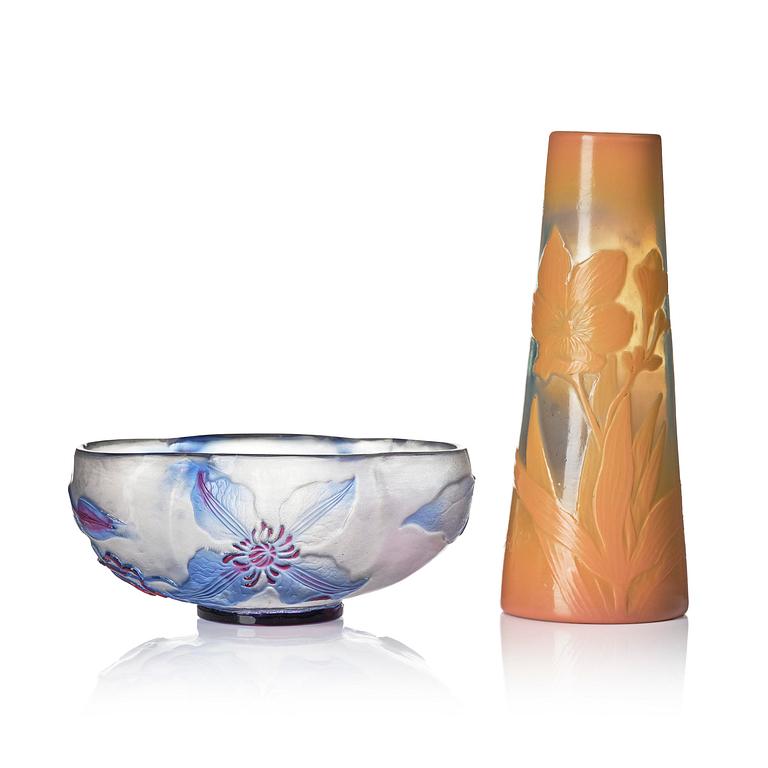 Emile Gallé, an Art Nouveau cameo glass vase and a fire-poilshed cameo glass bowl, Nancy, France.