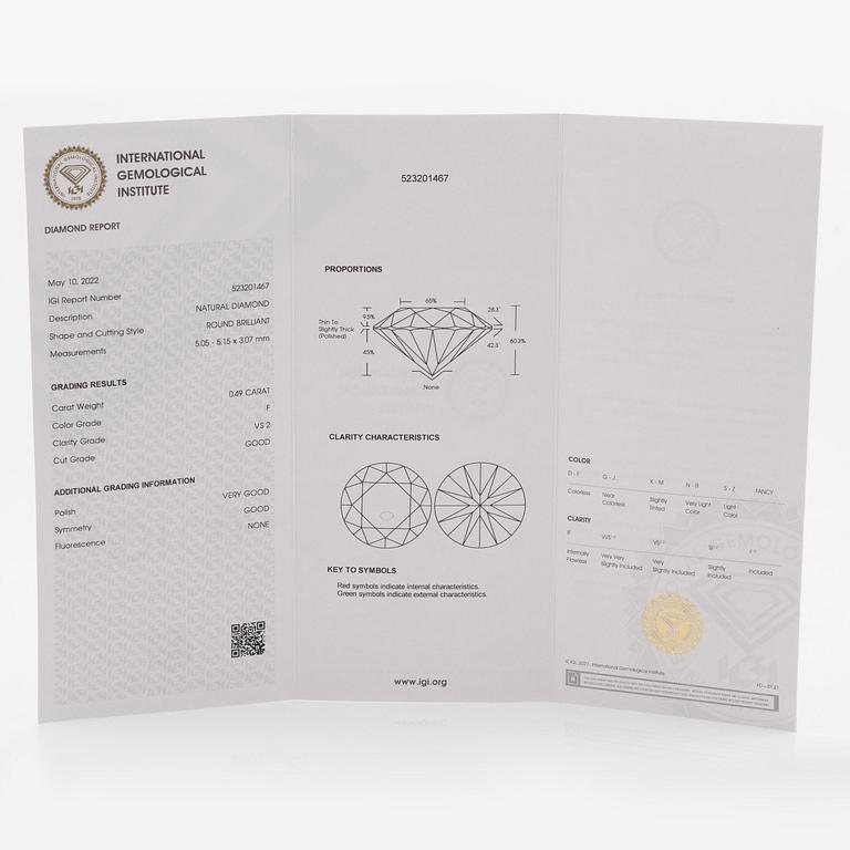 Ring 18K white gold set with a brilliant-cut diamond, accompanied by an IGI report.