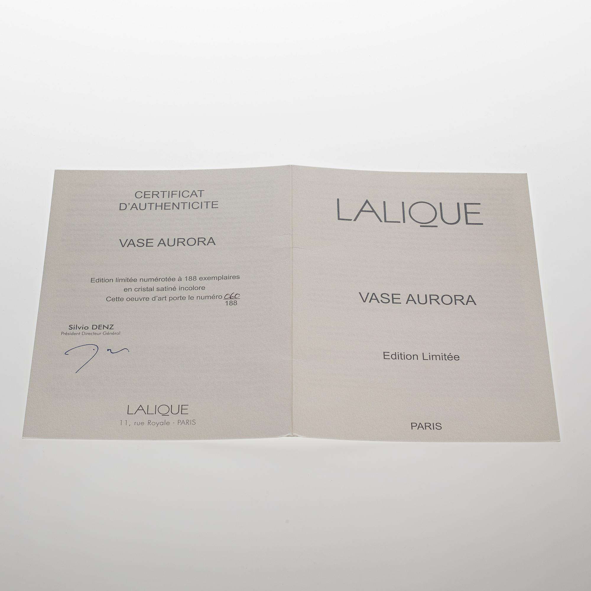 A Lalique glass vase, "Aurora", numbered 060/188 from the 21st century.