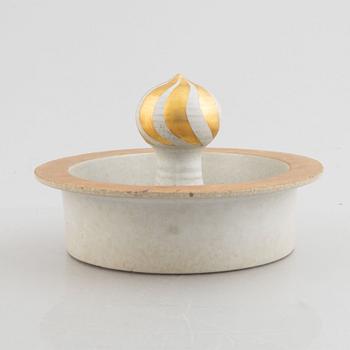 Lisa Larson, three stoneware candlesticks "Julius", "Juliana", "Angel" aswell as a bowl "Guldknopp",  Gustavsberg.