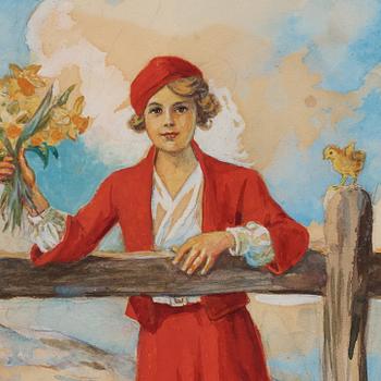 Jenny Nyström, 'Glad Påsk', Young girl with daffodils.