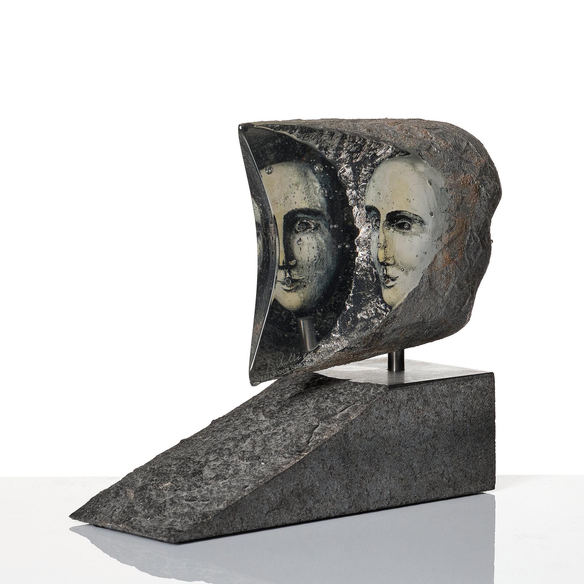 Bertil Vallien, a unique 'Janus' sand cast glass sculpture, Kosta Boda, Sweden.