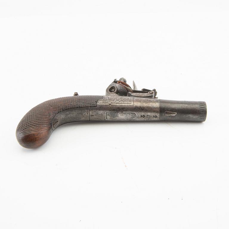 Flintlock pistol, pocket pistol, H Nock London, late 18th century.